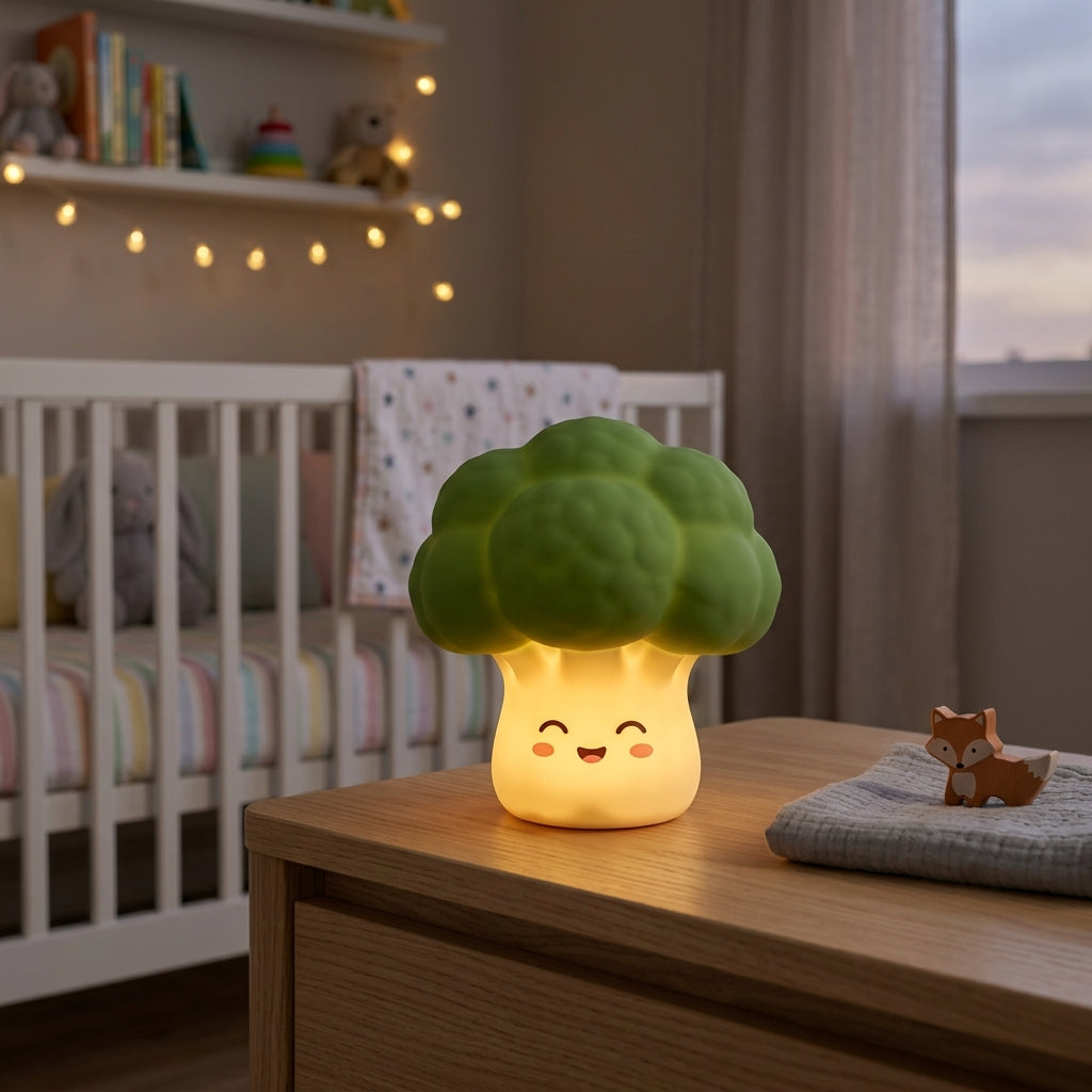 Bibi le Brocoli, veilleuse brocoli en silicone doux allumée, lueur chaude dans une chambre d'enfant – Milo & Lua