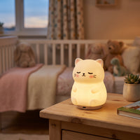 Mimi le Chat, veilleuse chat en silicone doux allumée, lueur chaude dans une chambre d'enfant – Milo & Lua
