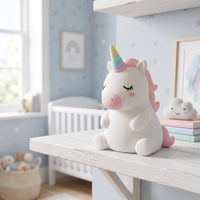 Lily la Licorne, veilleuse licorne en silicone éteinte en plein jour dans une chambre d'enfant – Milo & Lua