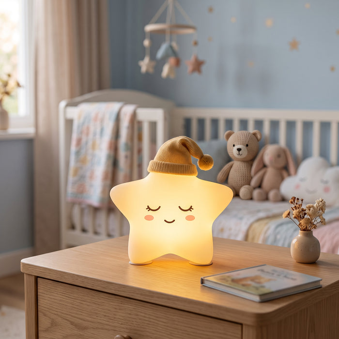 Stella l'Étoile, veilleuse étoile en silicone doux allumée, lueur chaude dans une chambre d'enfant – Milo & Lua