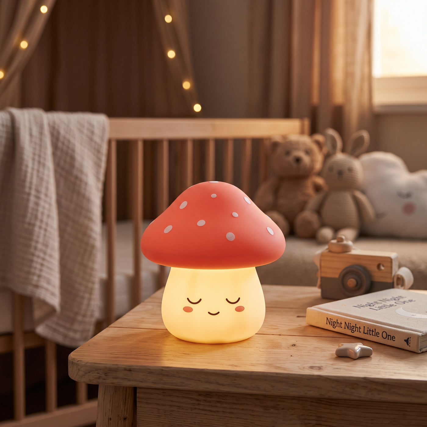 Gaston le Champignon, veilleuse champignon en silicone doux allumée, lueur chaude dans une chambre d'enfant – Milo & Lua