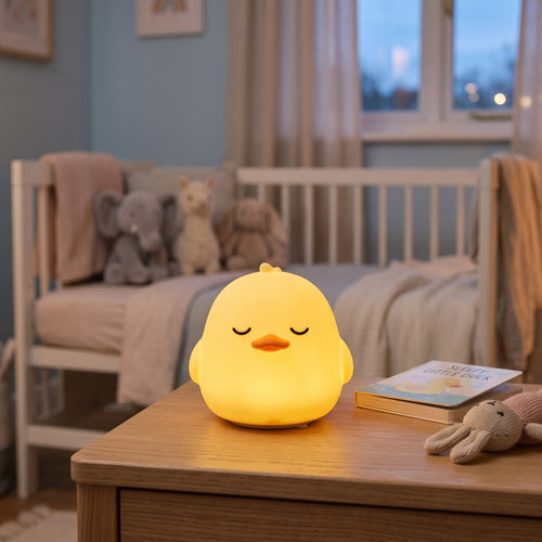 Coco le Canard, veilleuse canard en silicone doux allumée, lueur chaude dans une chambre d'enfant – Milo & Lua