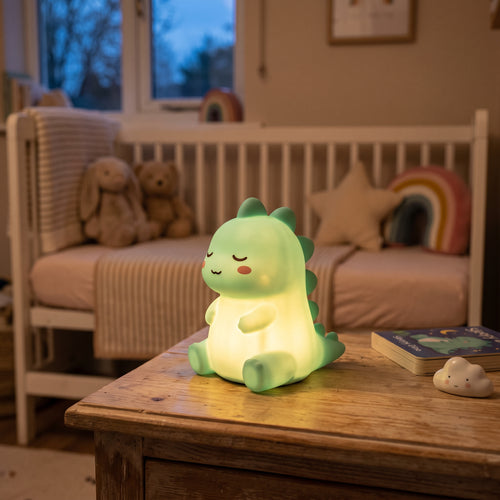 Dino le Dinosaure, veilleuse dinosaure en silicone doux allumée, lueur chaude dans une chambre d'enfant – Milo & Lua
