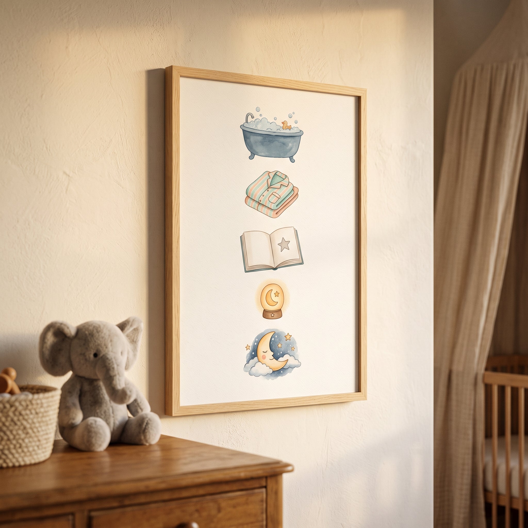 L'Affiche du Rituel du Soir encadree sur un mur de chambre d'enfant, les etapes du coucher en images - cadeau offert Milo & Lua